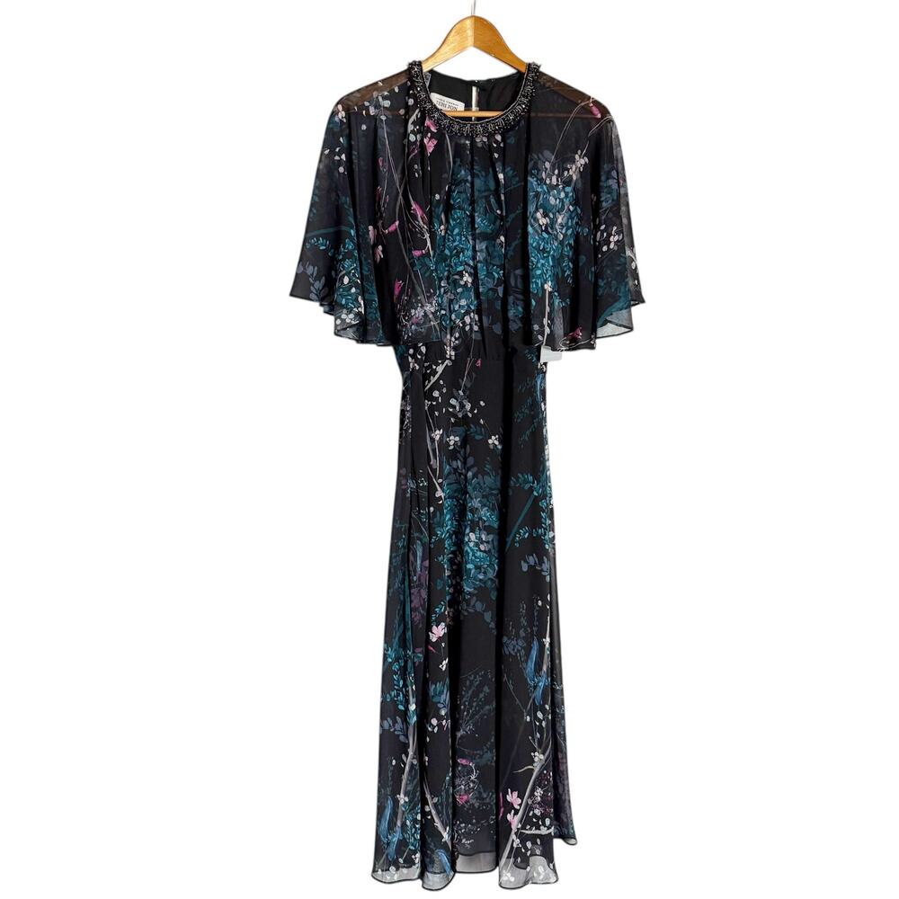 Teri Jon Rickie Freeman Chiffon Capelet Black Floral Cocktail Midi Dress 8 - Picture 7 of 14